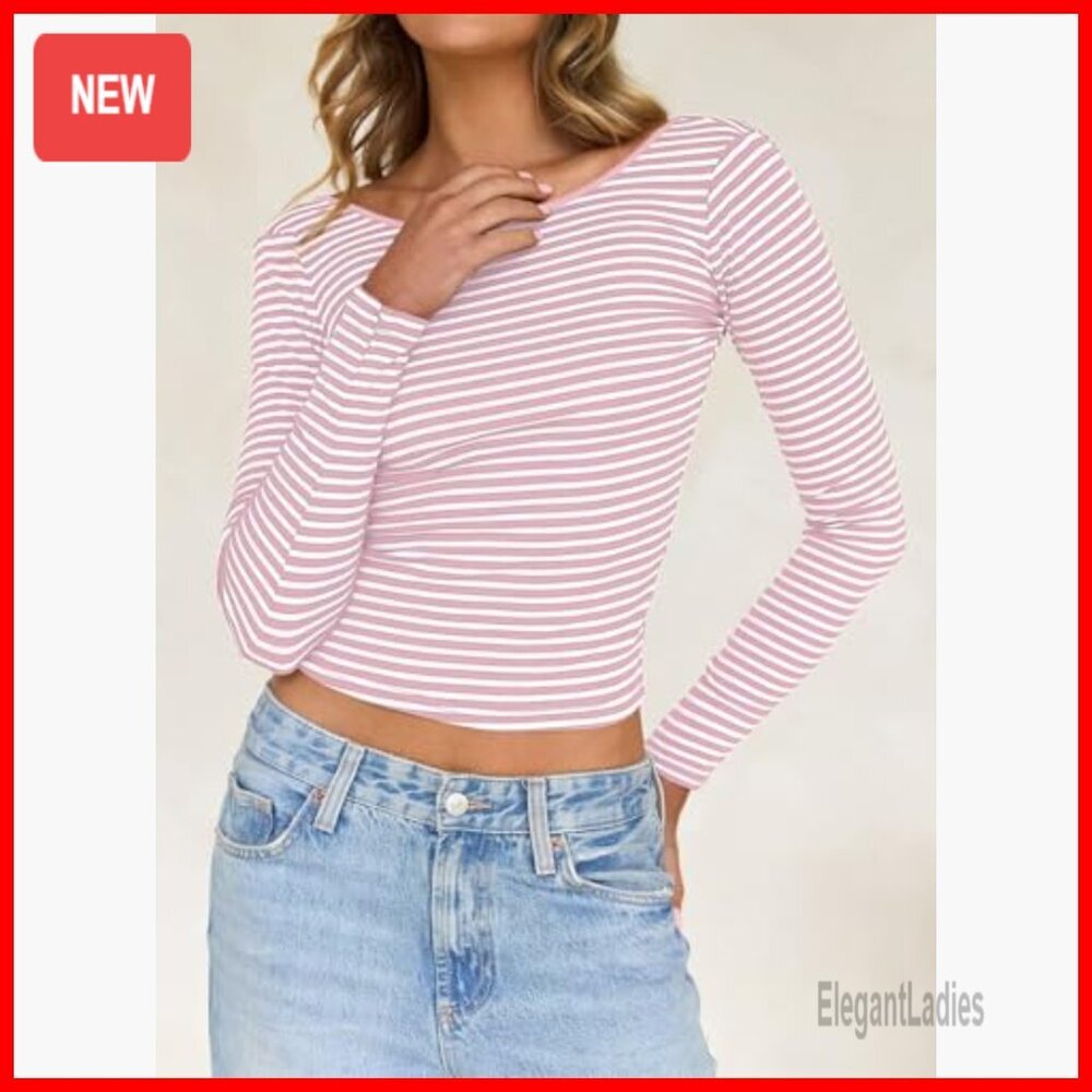 Long Sleeve Striped Crop Top Backless Boat Neck Y2K Tee Women's - Picture 3 of 7
